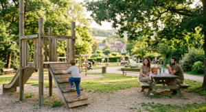 Une famille profite d'un après-midi ensoleillé au parc des Genêts à Brem-sur-Mer, avec une aire de jeux moderne en bois et des tables de pique-nique sous les arbres.
