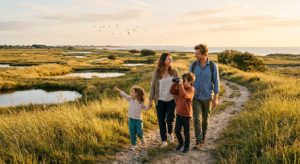 Une famille avec de jeunes enfants se promène sur un sentier naturel dans le Polder de Sébastopol à Noirmoutier, observant les oiseaux dans une zone humide sous une lumière douce de fin de journée.