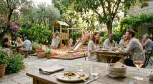 Terrasse ensoleillée d'un restaurant familial avec une aire de jeux pour enfants sécurisée dans un jardin verdoyant en Vendée.