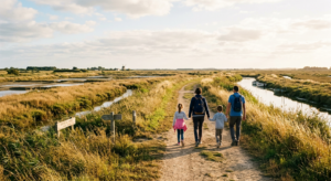 Une famille se promenant sur le sentier des Gruettes au cœur des marais vendéens, paysage sauvage et lumineux à Notre-Dame-de-Riez.