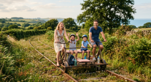 Une famille souriante pédalant ensemble sur un vélo-rail au milieu d'un paysage verdoyant de bocage vendéen.