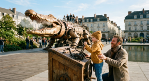 Enfants et parents manipulant les manettes d'un grand crocodile articulé en métal sur la place Napoléon à La Roche-sur-Yon.