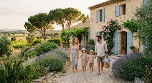Une famille avec jeunes enfants marchant devant un mazet traditionnel en pierre claire sous le soleil de Camargue, entouré de pins et de nature sauvage.