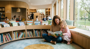 Coin lecture chaleureux pour enfants dans une médiathèque moderne avec mobilier coloré et étagères remplies de livres.