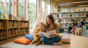 Un enfant et son parent lisant un livre dans un coin lecture lumineux et coloré d'une médiathèque moderne.