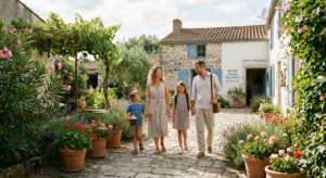 Une famille visitant le jardin paisible et la maison d'artiste du Musée Charles Milcendeau en Vendée.