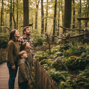 Une famille avec deux enfants observant attentivement des lémuriens dans une zone boisée et ombragée au Natur'Zoo de Mervent.