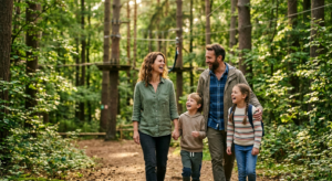 Une famille avec deux enfants partageant un moment de complicité dans un parc d'aventures en forêt, avec des parcours d'accrobranche en arrière-plan sous une lumière douce.