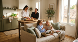 Une famille avec enfants s'installant confortablement dans le salon chaleureux et moderne d'un appartement situé à Aix-en-Provence, ambiance lumineuse et conviviale.