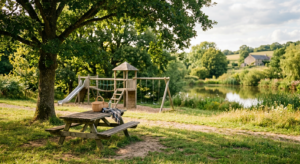 Un parc naturel familial avec un plan d'eau en arrière-plan, une aire de jeux en bois et des tables de pique-nique sous les arbres.