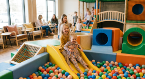 Enfants jouant dans un parc indoor lumineux avec toboggans et structures souples, espace sécurisé pour les petits.