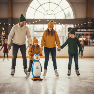 Une famille avec deux jeunes enfants s'amusant sur la glace de la patinoire de La Roche-sur-Yon, utilisant un déambulateur ludique en forme de pingouin pour l'équilibre.