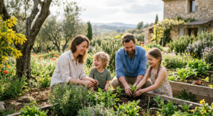 Une famille profite d'un moment de complicité en extérieur sous le soleil doux du printemps dans le Var, entourée de verdure et de fleurs de saison.