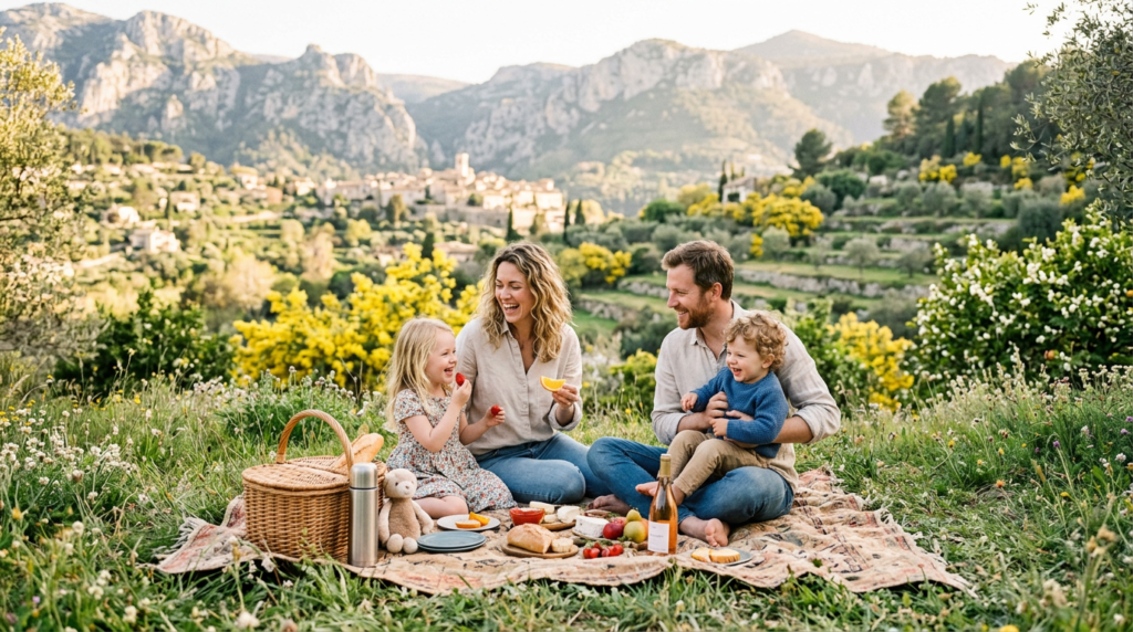 Une famille profite d'un pique-nique au soleil au pied des montagnes des Alpes-Maritimes au printemps.