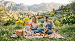 Une famille profite d'un pique-nique au soleil au pied des montagnes des Alpes-Maritimes au printemps.