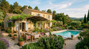 Une villa en pierre typiquement provençale avec terrasse et piscine, entourée de verdure sous le soleil du Luberon.