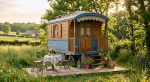 Une charmante roulotte en bois colorée installée dans un jardin verdoyant en Vendée, avec une petite table de jardin et des chaises devant l'entrée, ambiance chaleureuse et bohème.