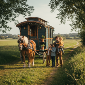 Une famille avec de jeunes enfants devant une roulotte traditionnelle en bois, attelée à un cheval de trait, dans la campagne vendéenne au coucher du soleil.