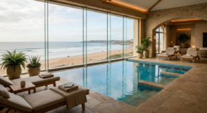 Vue apaisante d'une piscine intérieure d'eau de mer chauffée donnant sur l'océan Atlantique aux Sables-d'Olonne, ambiance cocooning.