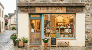 Devanture accueillante d'un concept store bébé-enfant indépendant avec une vitrine chaleureuse présentant des jouets en bois et de la décoration douce.