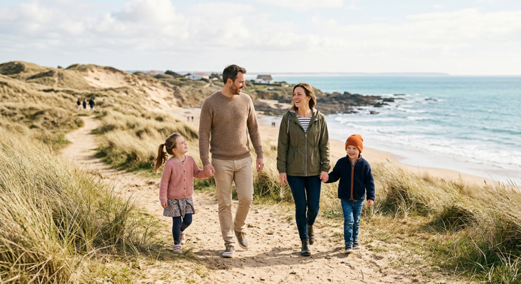 Une famille avec deux enfants se promène sur un chemin côtier sauvage en Vendée lors d'une journée ensoleillée de printemps, avec l'océan Atlantique en arrière-plan.