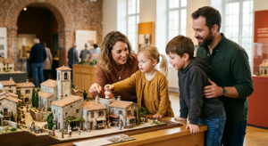 Une famille avec de jeunes enfants observant avec émerveillement une reconstitution miniature détaillée d'un village vendéen historique.