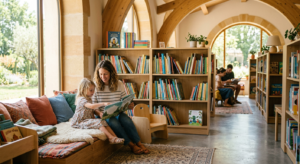 Intérieur lumineux d'une médiathèque moderne en Vendée avec un coin lecture pour enfants, des étagères remplies et un parent lisant un livre avec son enfant.
