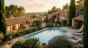 Vue chaleureuse d'un village de vacances en Provence avec une piscine entourée de verdure et de maisons aux couleurs ocres sous un soleil de fin d'après-midi.