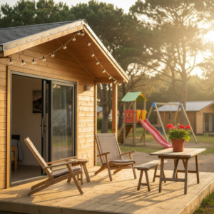 Un cottage moderne et chaleureux avec terrasse en bois dans un domaine arboré de Vendée, une aire de jeux pour enfants visible à l'arrière-plan sous une lumière douce de fin de journée.