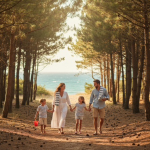 Famille marchant sur un sentier boisé menant vers la plage à Longeville-sur-Mer, ambiance vacances en Vendée.