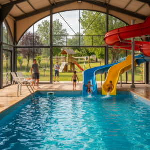 Vue sur la piscine couverte et les toboggans aquatiques d'un village vacances familial en Vendée.