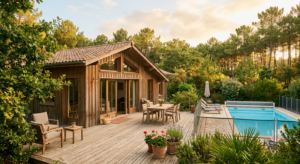 Vue chaleureuse d'un cottage en bois dans un village vacances verdoyant en Vendée, avec une terrasse aménagée et des pins en arrière-plan sous une lumière douce de fin de journée.