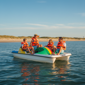 Une famille souriante faisant du pédalo sur une eau calme à La Tranche-sur-Mer, sous un soleil de fin d'après-midi.