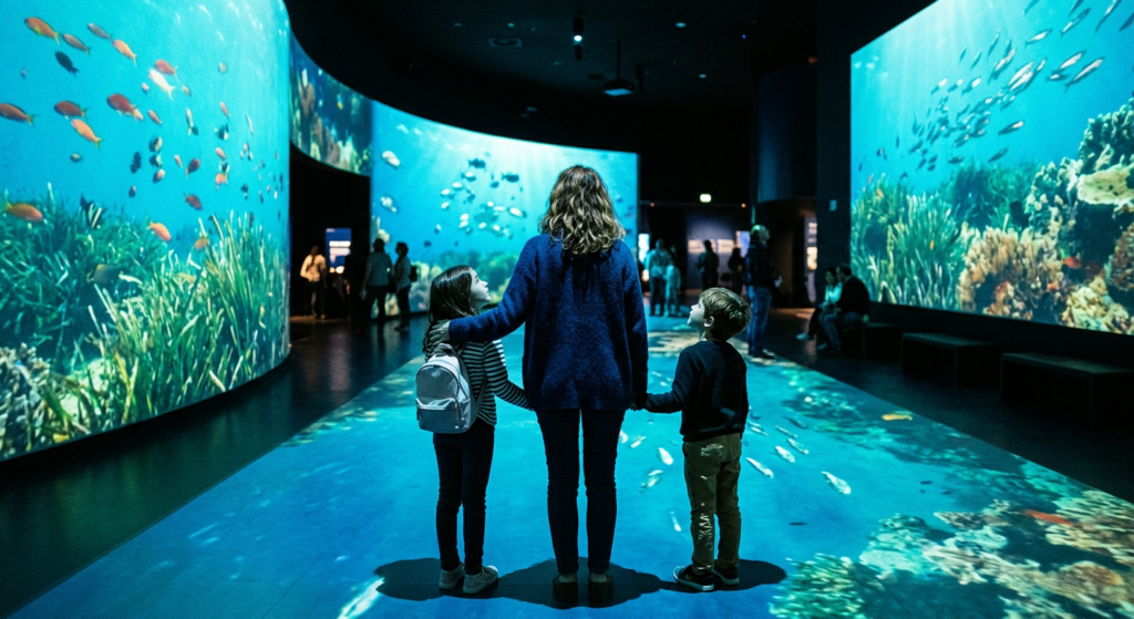 Enfants et parents émerveillés devant une projection immersive géante de fonds marins futuristes au musée océanographique.