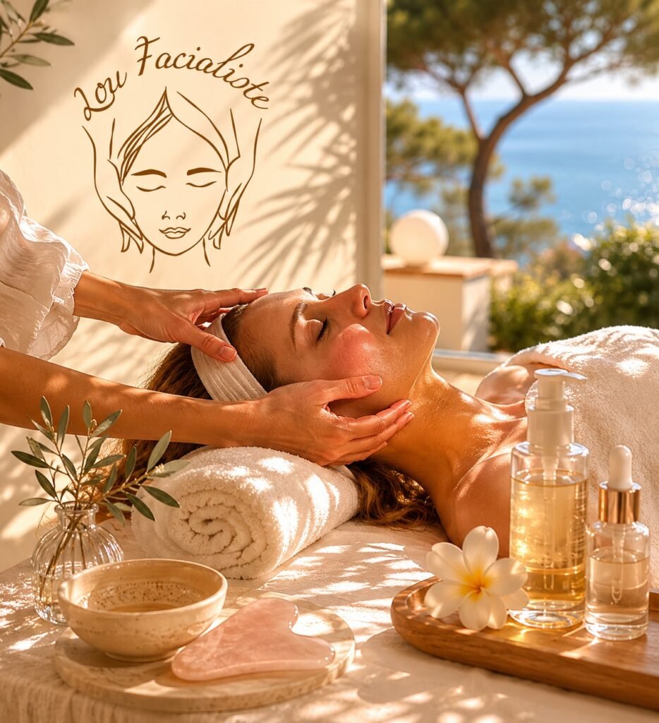Soin facialiste haut de gamme réalisé face à la mer à Èze, dans une ambiance apaisante et naturelle sur la Côte d’Azur, avec le logo Lou Facialiste en arrière-plan.