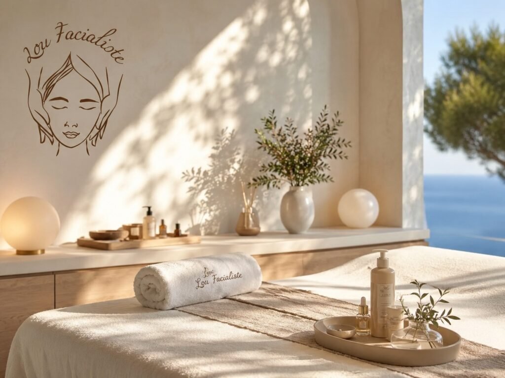Cabine de soin haut de gamme Lou Facialiste à Èze avec vue sur la mer, ambiance apaisante, décoration naturelle et espace facialiste premium sur la Côte d’Azur.