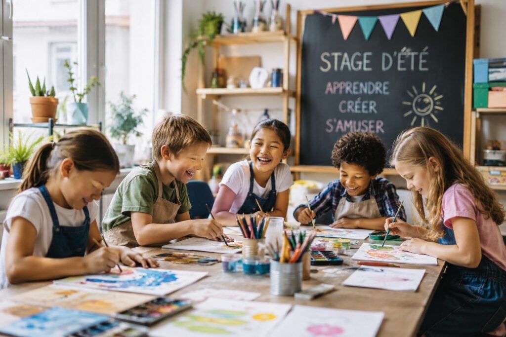 Enfants participant à un stage d’été pendant les vacances scolaires, activités ludiques et éducatives en groupe dans une ambiance familiale et conviviale.