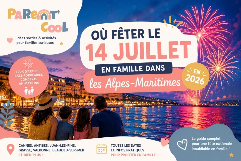 Feux d’artifice du 14 juillet 2026 dans les Alpes-Maritimes : famille sur la Côte d’Azur et visuel Parent Cool.