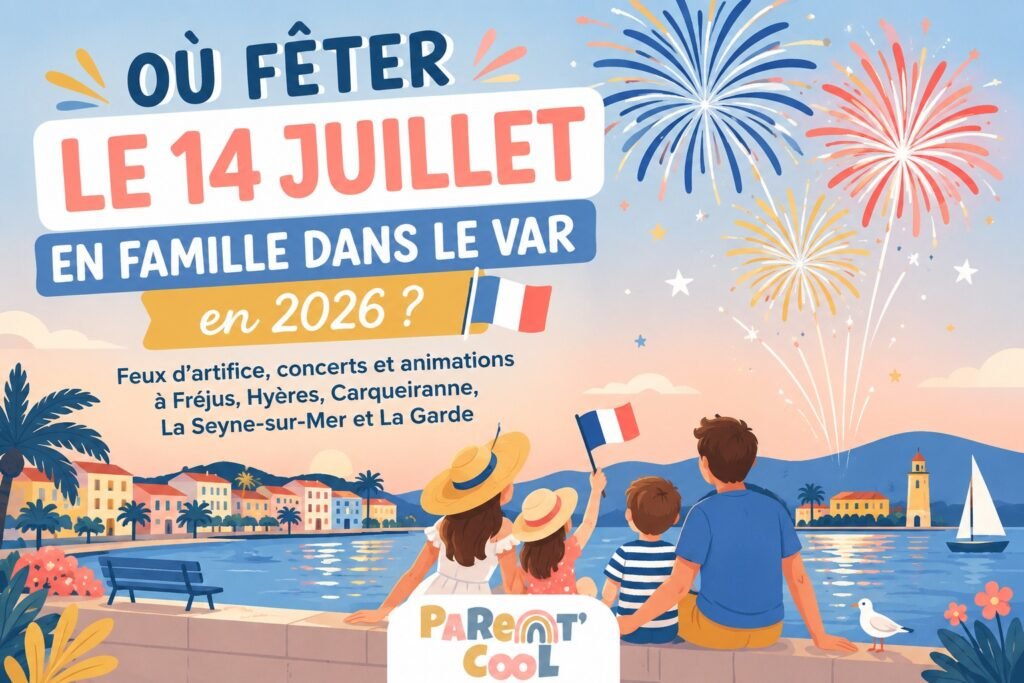 Illustration Parent Cool montrant une famille admirant un feu d’artifice sur le littoral du Var pour célébrer le 14 juillet 2026, avec un design aux couleurs de la charte graphique de Parent Cool.