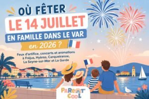 Illustration Parent Cool montrant une famille admirant un feu d’artifice sur le littoral du Var pour célébrer le 14 juillet 2026, avec un design aux couleurs de la charte graphique de Parent Cool.
