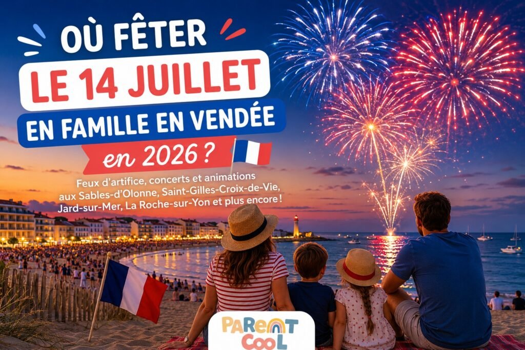 Illustration Parent Cool mettant en scène une famille profitant d’un feu d’artifice sur la plage en Vendée lors des festivités du 14 juillet 2026, une sortie recommandée par Parent Cool.
