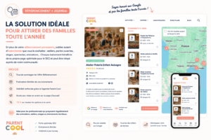 Illustration du service Référencement + Agenda Parent Cool permettant aux professionnels de bénéficier d'une fiche optimisée SEO et de publier des événements en illimité afin de développer leur visibilité auprès des familles toute l'année.