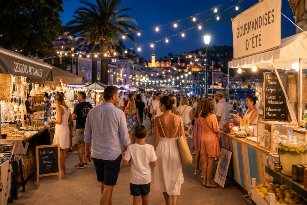 Familles se promenant dans un marché nocturne sur la Côte d'Azur entre stands artisanaux, animations et gourmandises estivales.