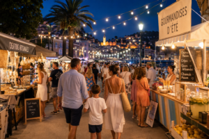 Familles se promenant dans un marché nocturne sur la Côte d'Azur entre stands artisanaux, animations et gourmandises estivales.