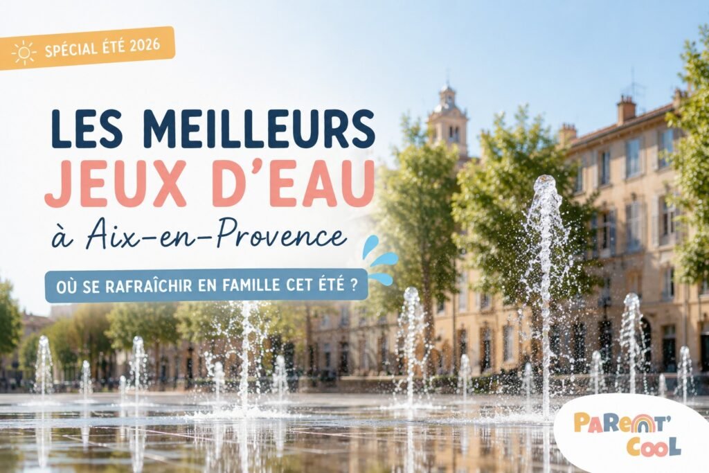 Famille profitant des jeux d'eau à Aix-en-Provence lors d'une sortie estivale avec des enfants – Sélection Parent Cool