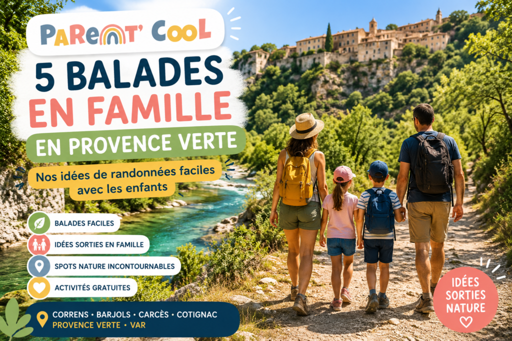 Famille avec deux enfants en randonnée au bord d'une rivière en Provence Verte dans le Var, illustration des plus belles balades en famille sélectionnées par Parent Cool.