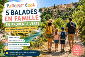 Famille avec deux enfants en randonnée au bord d'une rivière en Provence Verte dans le Var, illustration des plus belles balades en famille sélectionnées par Parent Cool.