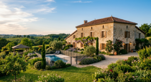 Vue extérieure d'une grande demeure familiale en pierre dans le Tarn, avec jardin verdoyant et piscine sécurisée sous un soleil de fin d'après-midi.