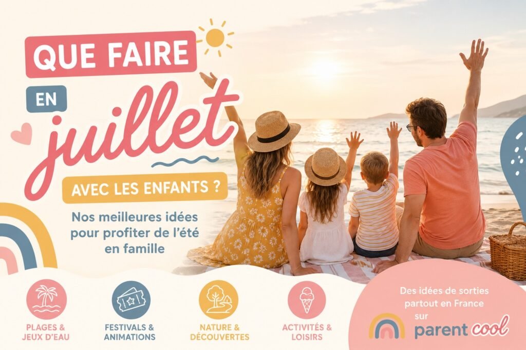 Famille profitant d'une journée d'été à la plage avec des enfants – Idées de sorties et d'activités en juillet proposées par Parent Cool