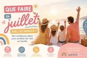 Famille profitant d'une journée d'été à la plage avec des enfants – Idées de sorties et d'activités en juillet proposées par Parent Cool